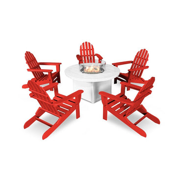 POLYWOOD Classic Folding Adirondack 6-Piece Conversation Set W/ Fire Pit Table - Sunset Red / White